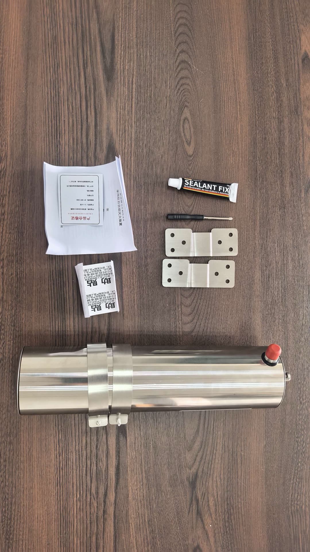 Household kitchen fire suppression system full kit — stainless cylinder, wall brackets, mounting screws, sealant, service tool and user manual